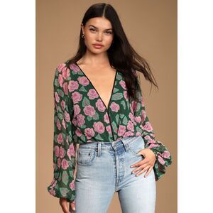 Lulus Where My Garden Grows Green Floral Long Sleeve Tie-Back Bodysuit